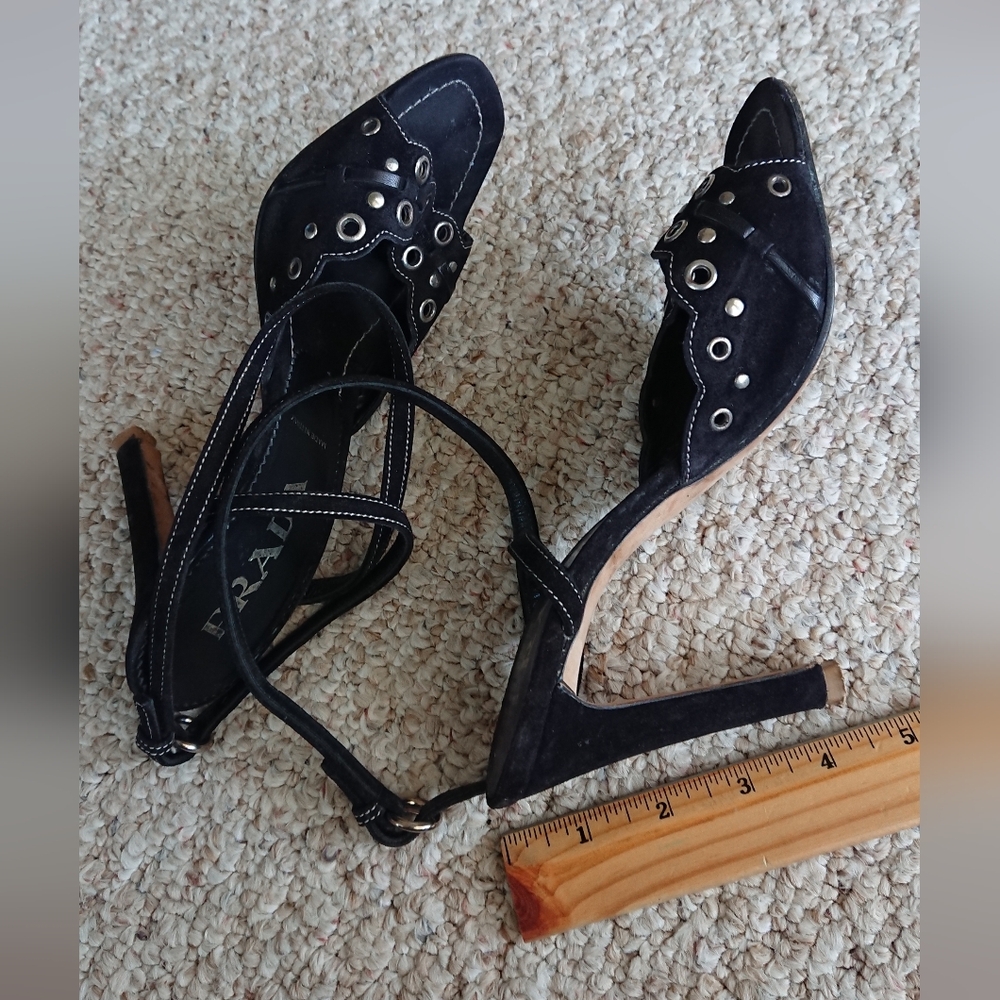 Prada black suede sandals with decorative metal grommets front details size 8 - Picture 9 of 13
